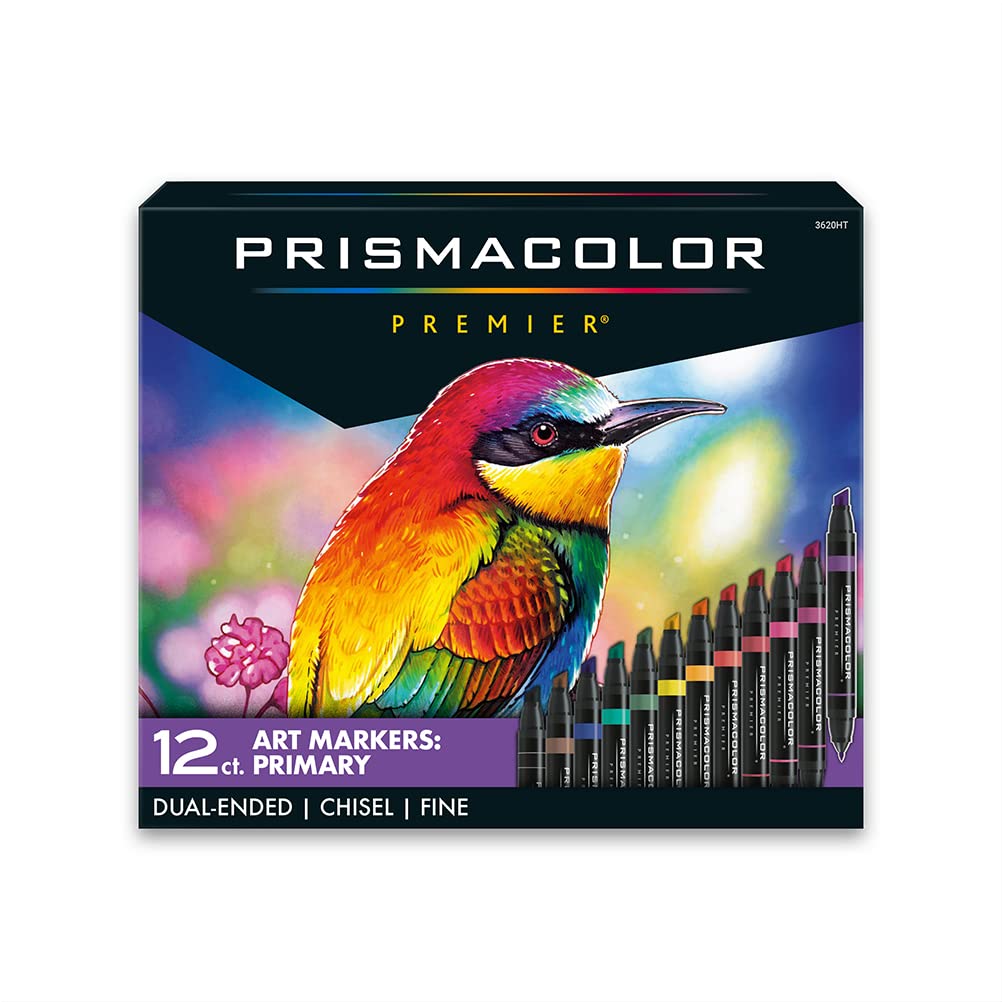 Prismacolor Premier Dual-Ended Art Markers Chisel Tip and Fine Tip Hyper Bright Colors Adult Coloring 12 Count